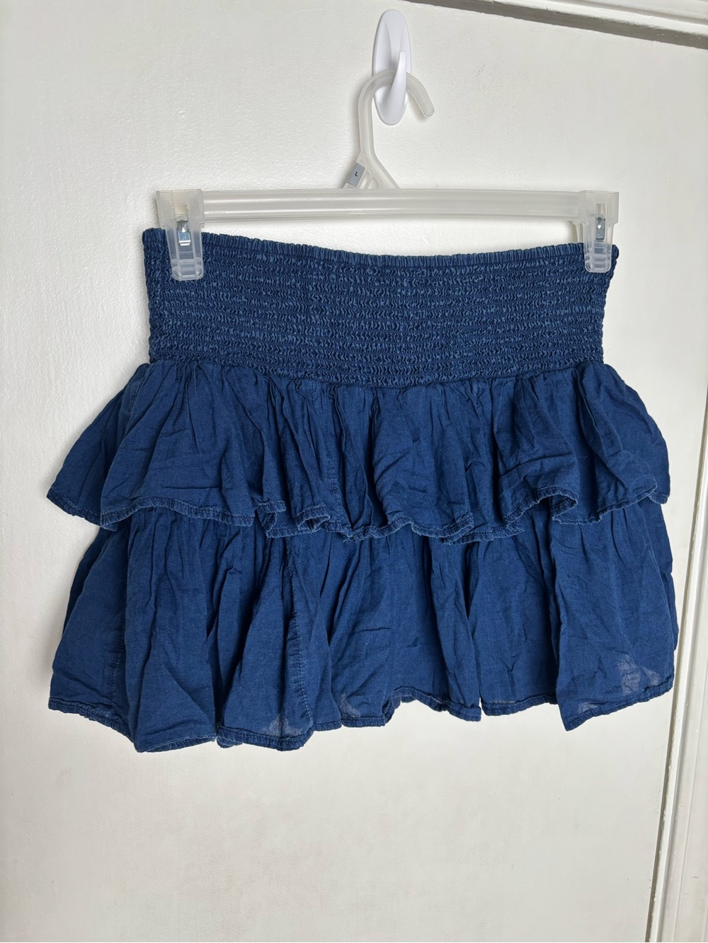 American Eagle Cotton Denim Smocked Waist Tiered Ruffle Mini Skirt Medium Boho